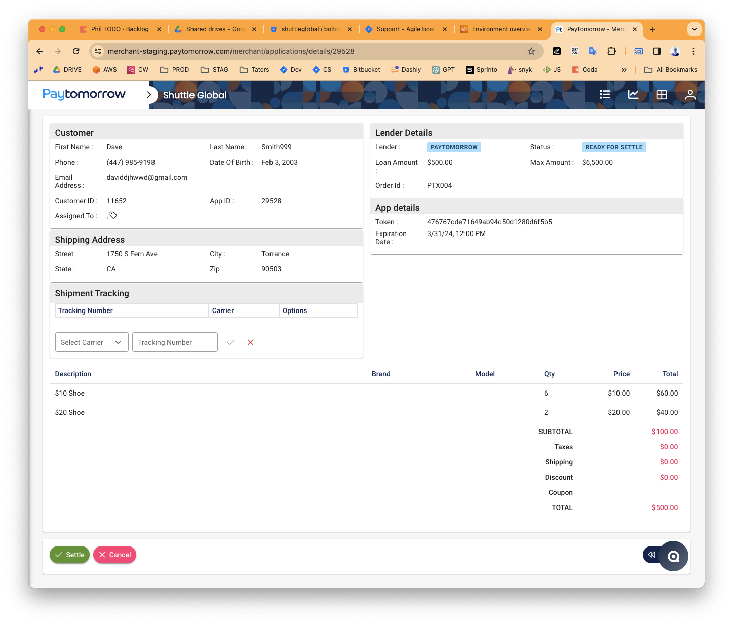 Settled transaction in PayTomorrow