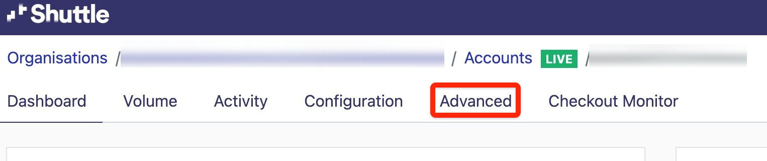 A merchant account’s page, with the Advanced tab