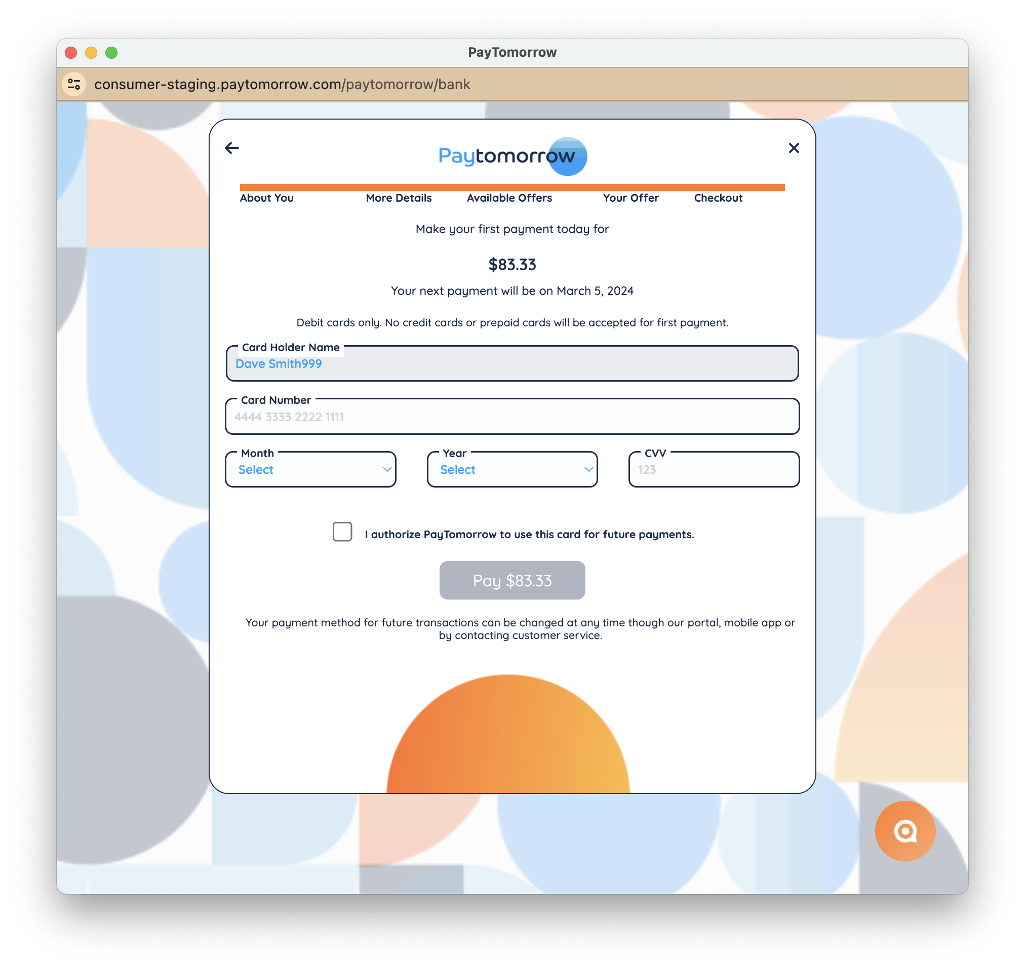 Authorisation successful in PayTomorrow