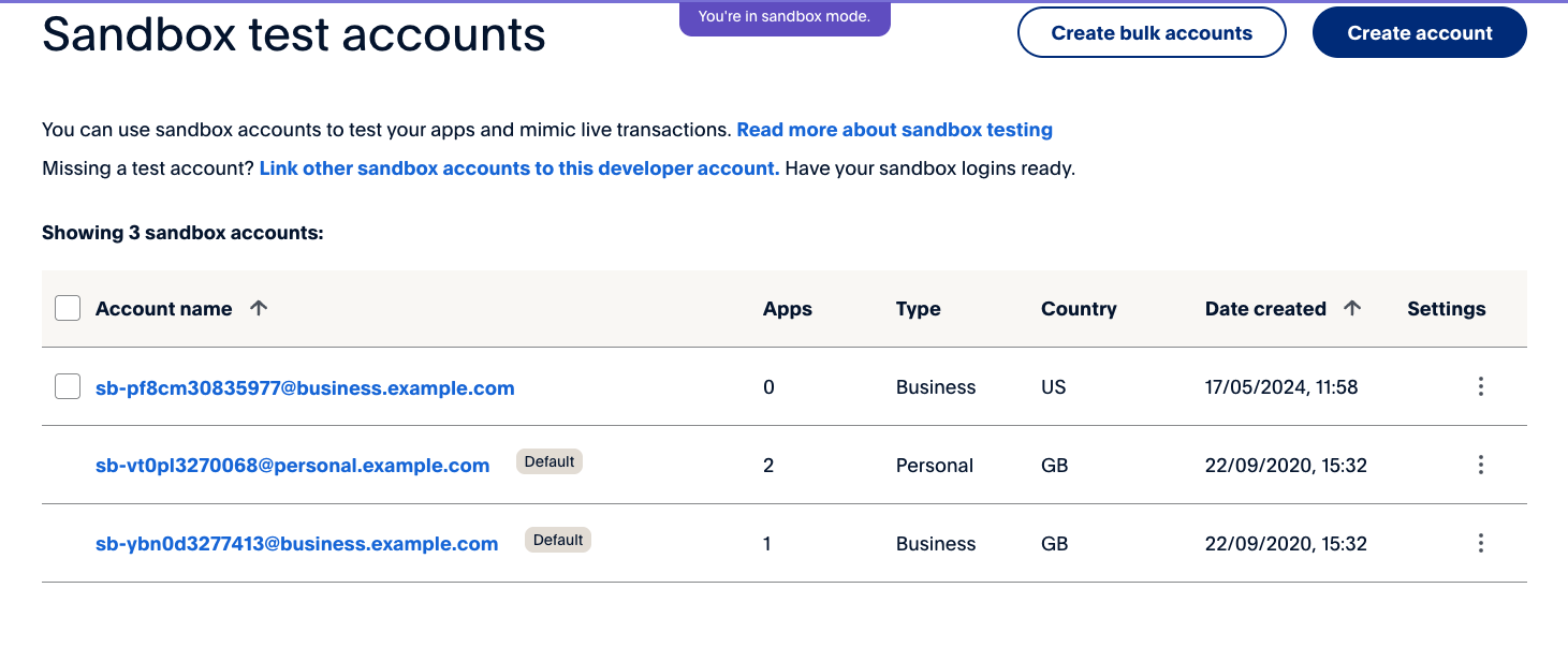 Sandbox accounts - select