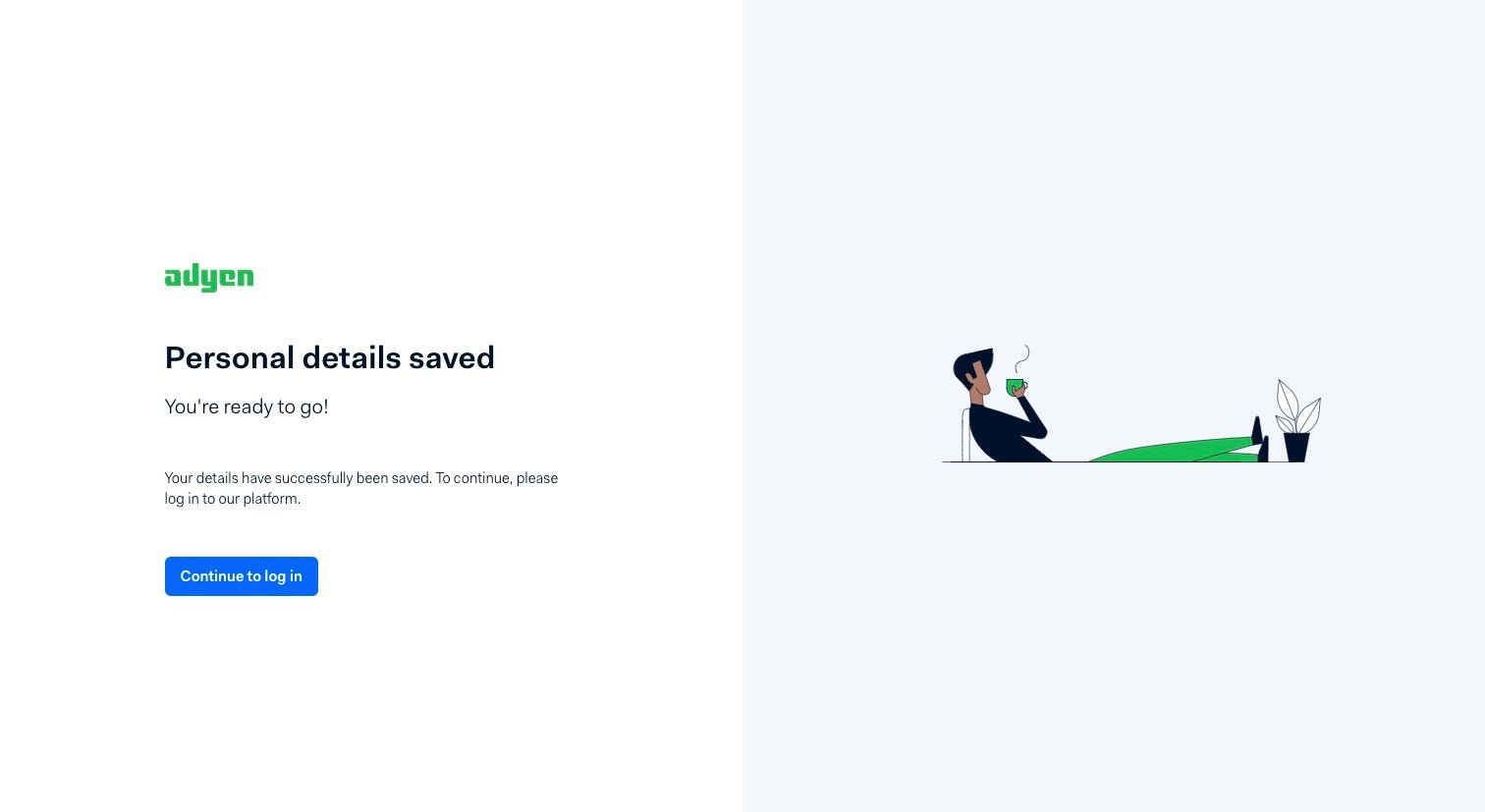 Personal details saved confirmation screen with a Continue to log in button