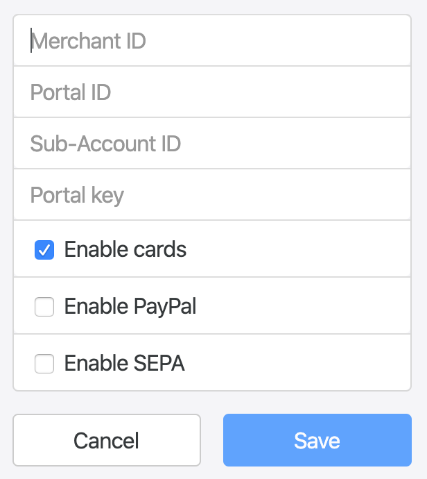 Setup form for BS Payone with Merchant ID, Portal ID, Sub-Account ID, and Portal Key fields