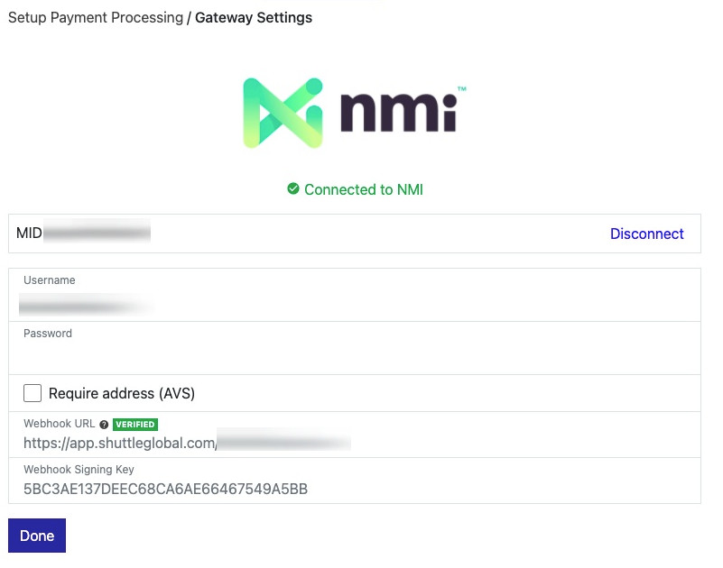 Connected to NMI with webhook verified