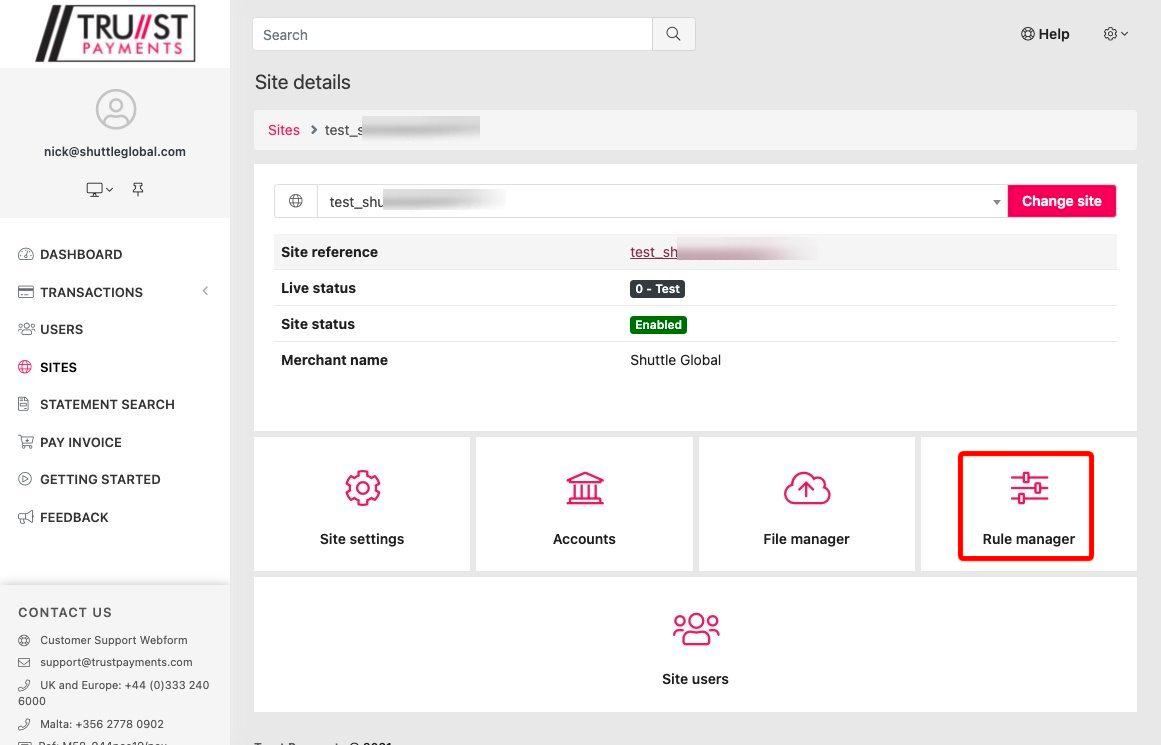 Trust Payments dashboard - Site details with the Rule manager tile