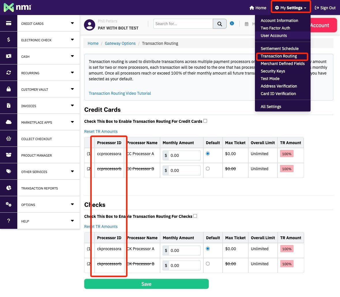 NMI Transaction Routing page