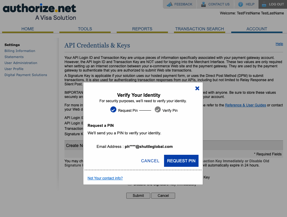Authorize.Net verify your identity PIN request