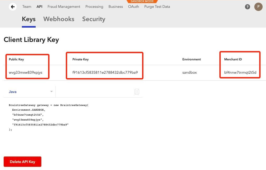 Client Library Key screen showing Public Key, Private Key, Environment, and Merchant ID