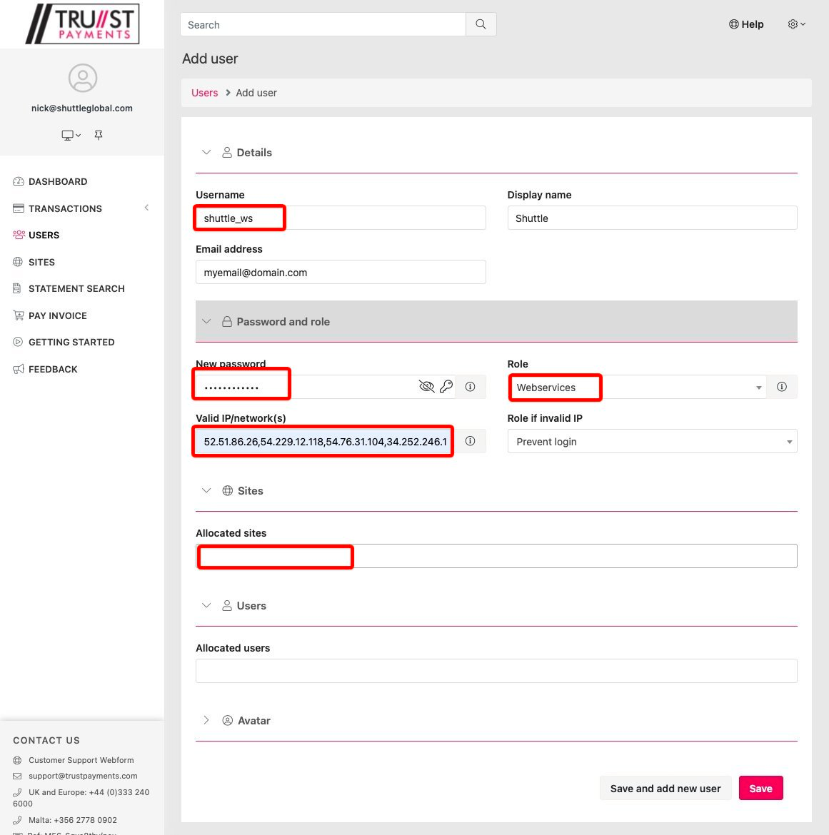 Trust Payments dashboard - Add user form with the Allocated sites field highlighted