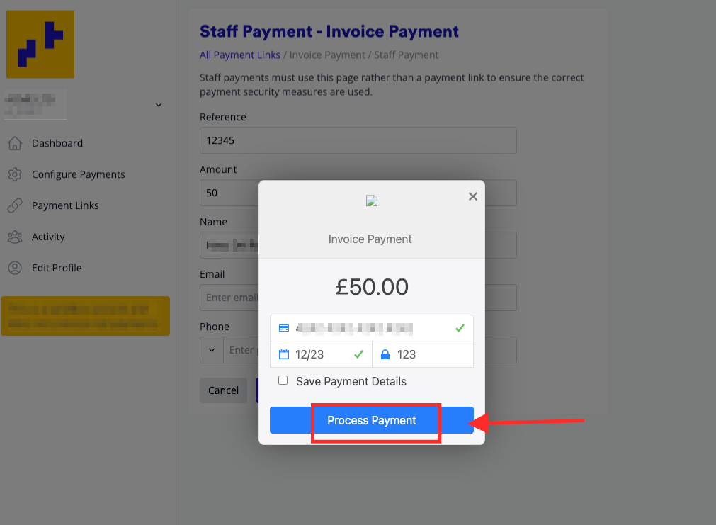 The payment window over the Staff Payment form