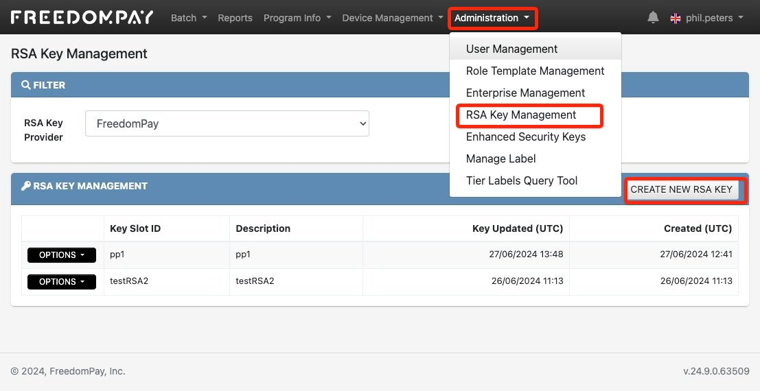 RSA Key Management screen with the Create New RSA Key option