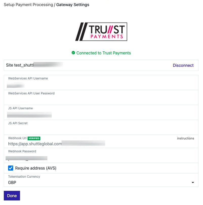 Gateway Settings showing a connected Trust Payments gateway