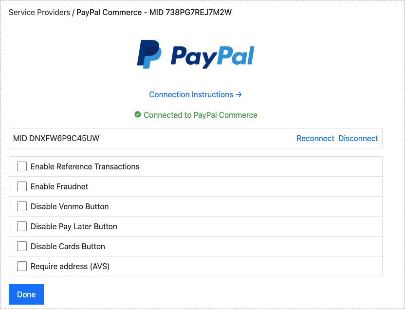 Connected to PayPal Commerce confirmation with configuration options