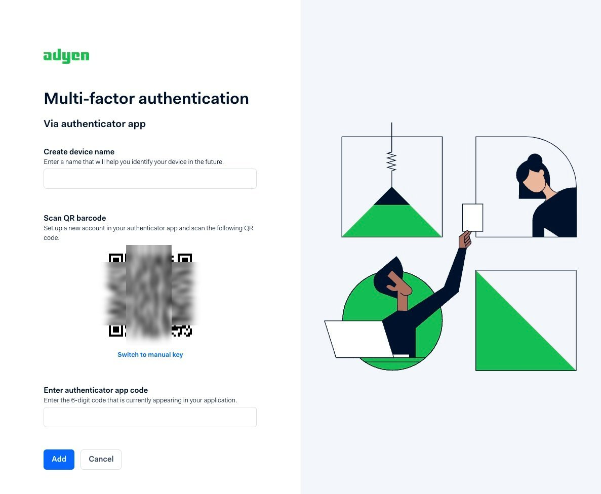 Multi-factor authentication setup screen showing a QR code and authenticator code entry