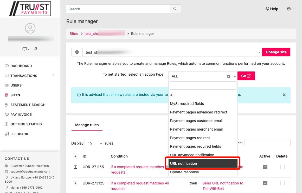 Trust Payments dashboard - Rule manager with the URL notification action type