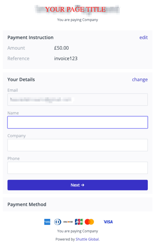 The Your Details step, with the email address and the optional name, company and phone fields