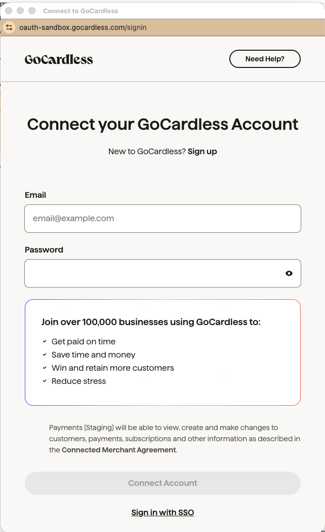 GoCardless OAuth login screen