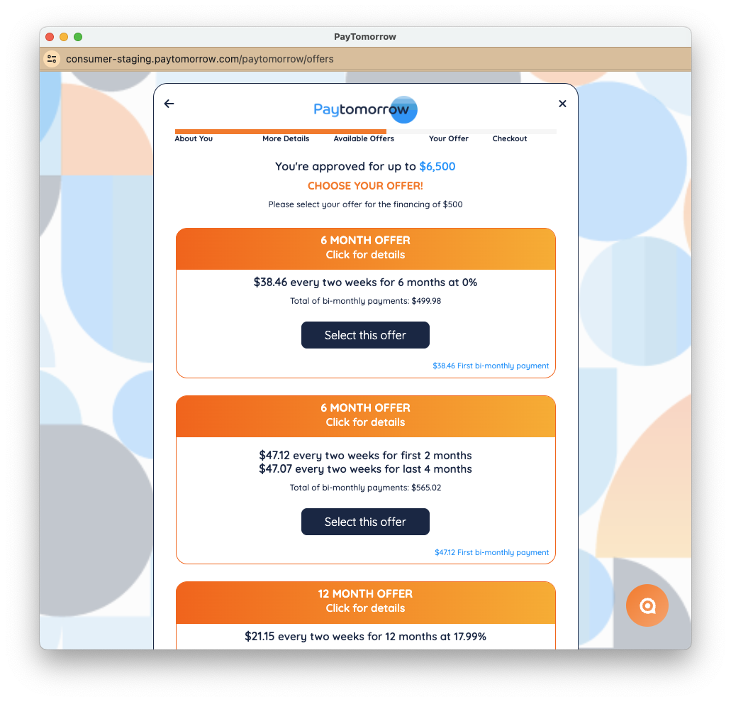 PayTomorrow application step