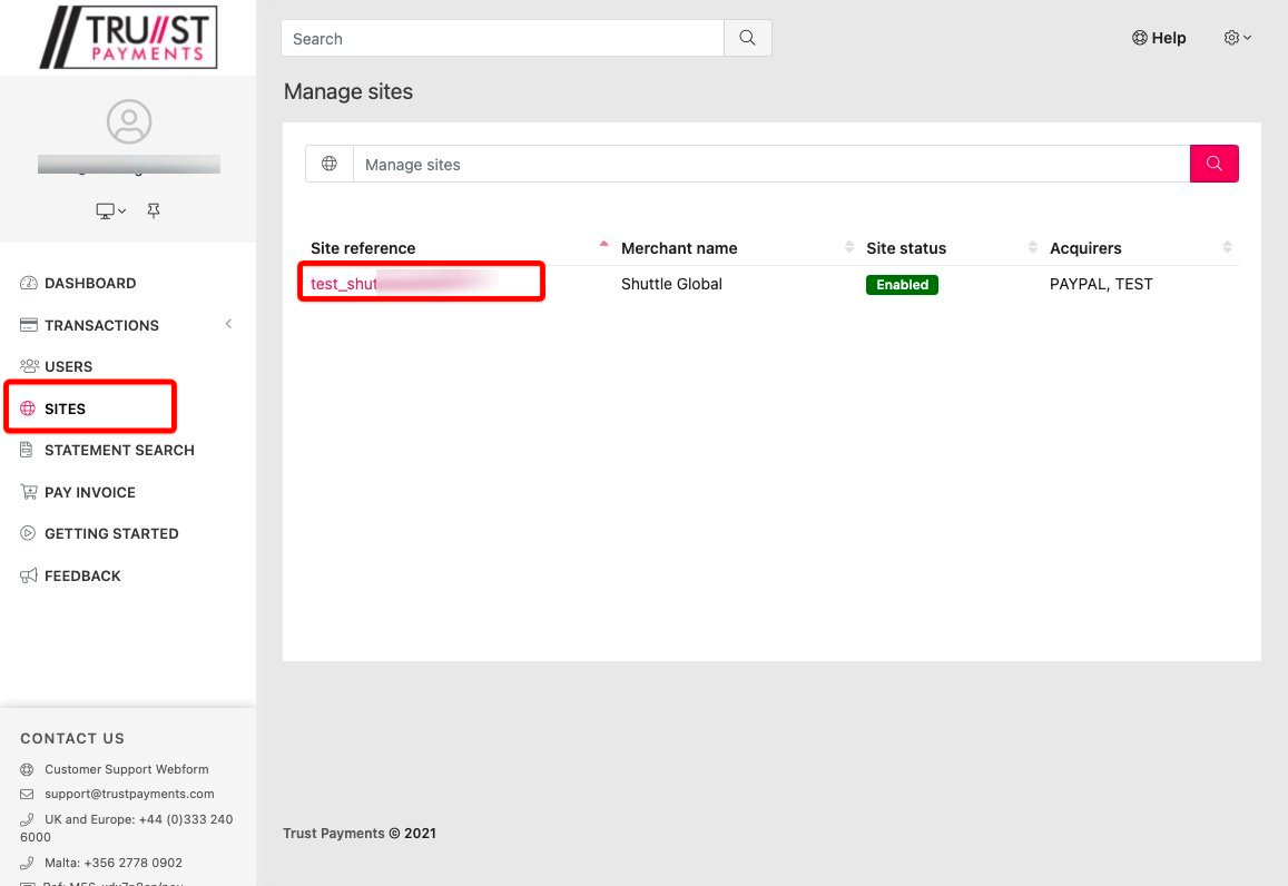 Trust Payments dashboard - Sites screen showing the Manage sites list