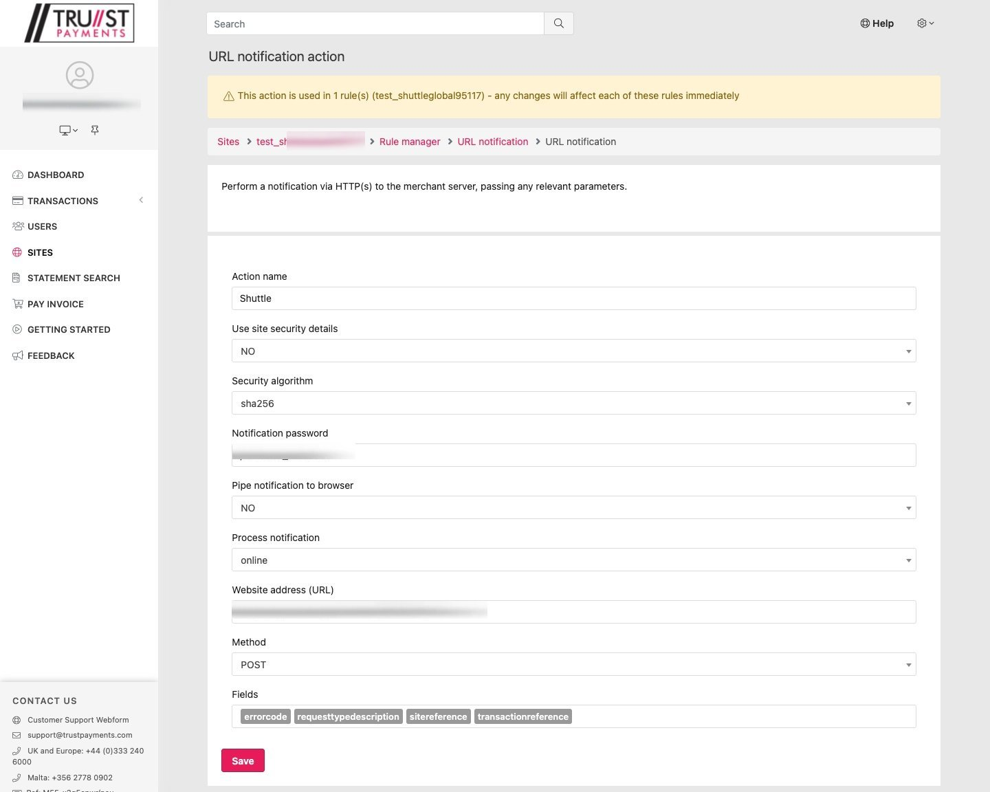 Trust Payments dashboard - URL notification action configuration form