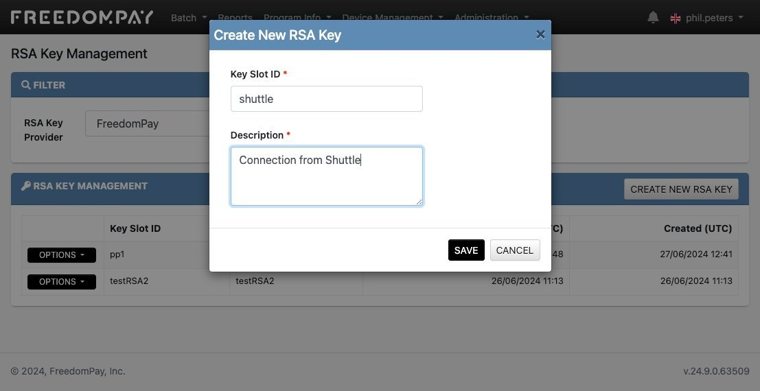 Create New RSA Key dialog with a Key Slot ID and description