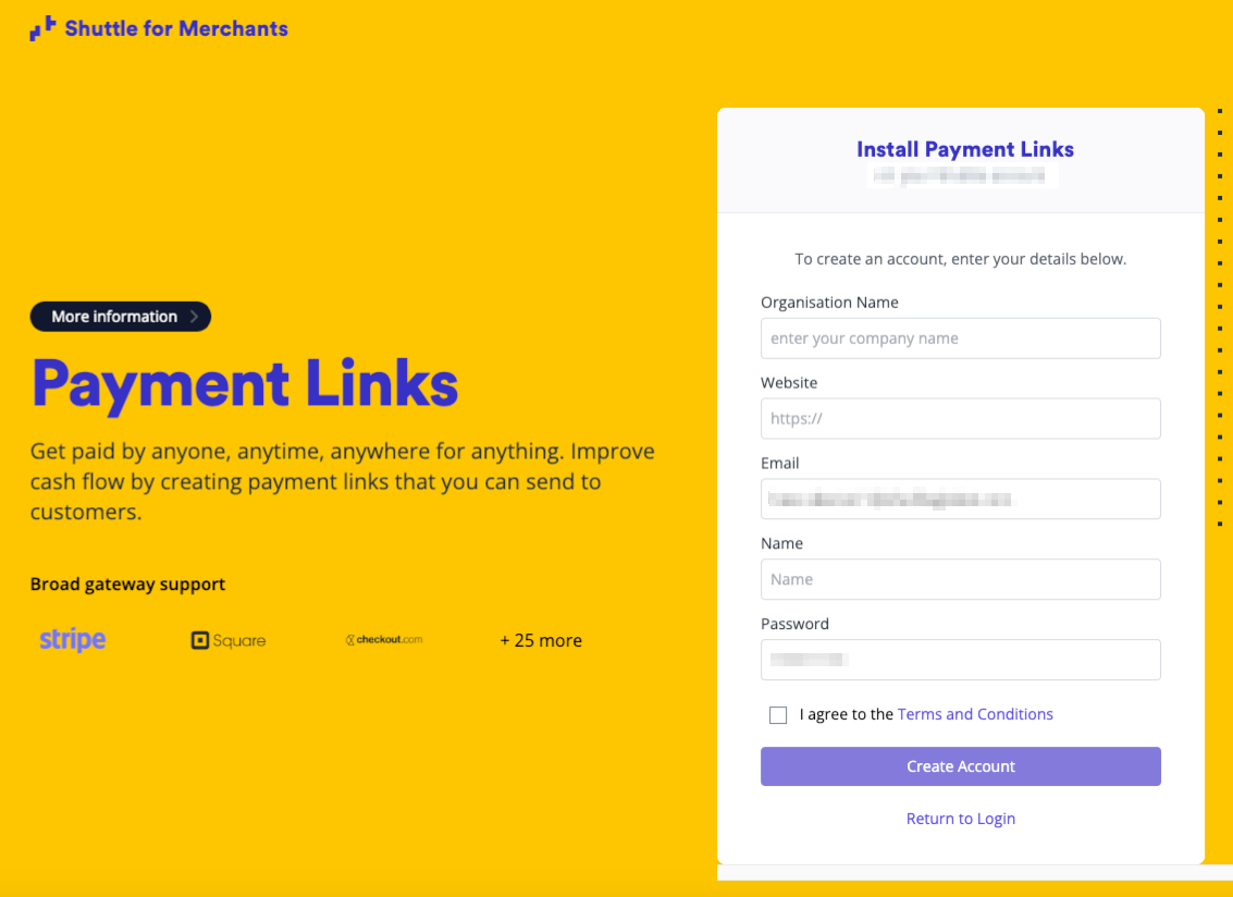 The Create Account form, with fields for organisation name, website, email, name and password