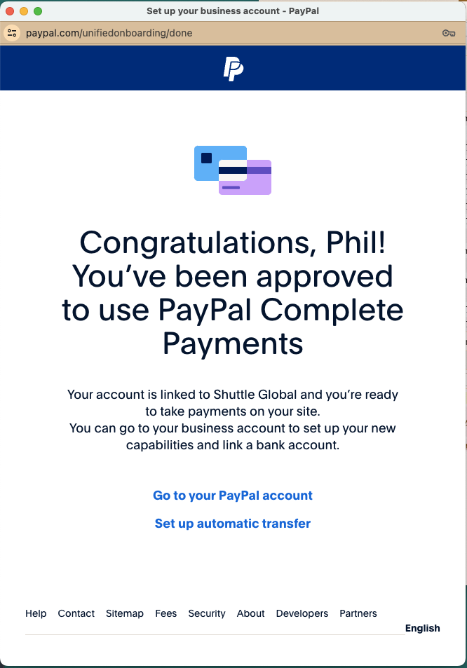 PayPal approval confirmation screen
