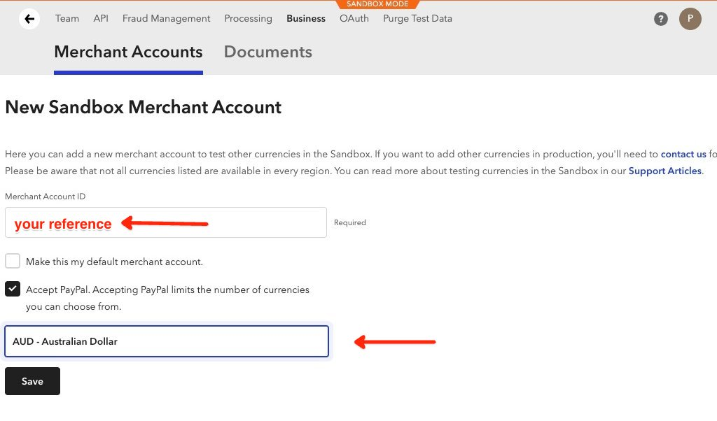 New Merchant Account form with a Merchant Account ID and AUD currency selected