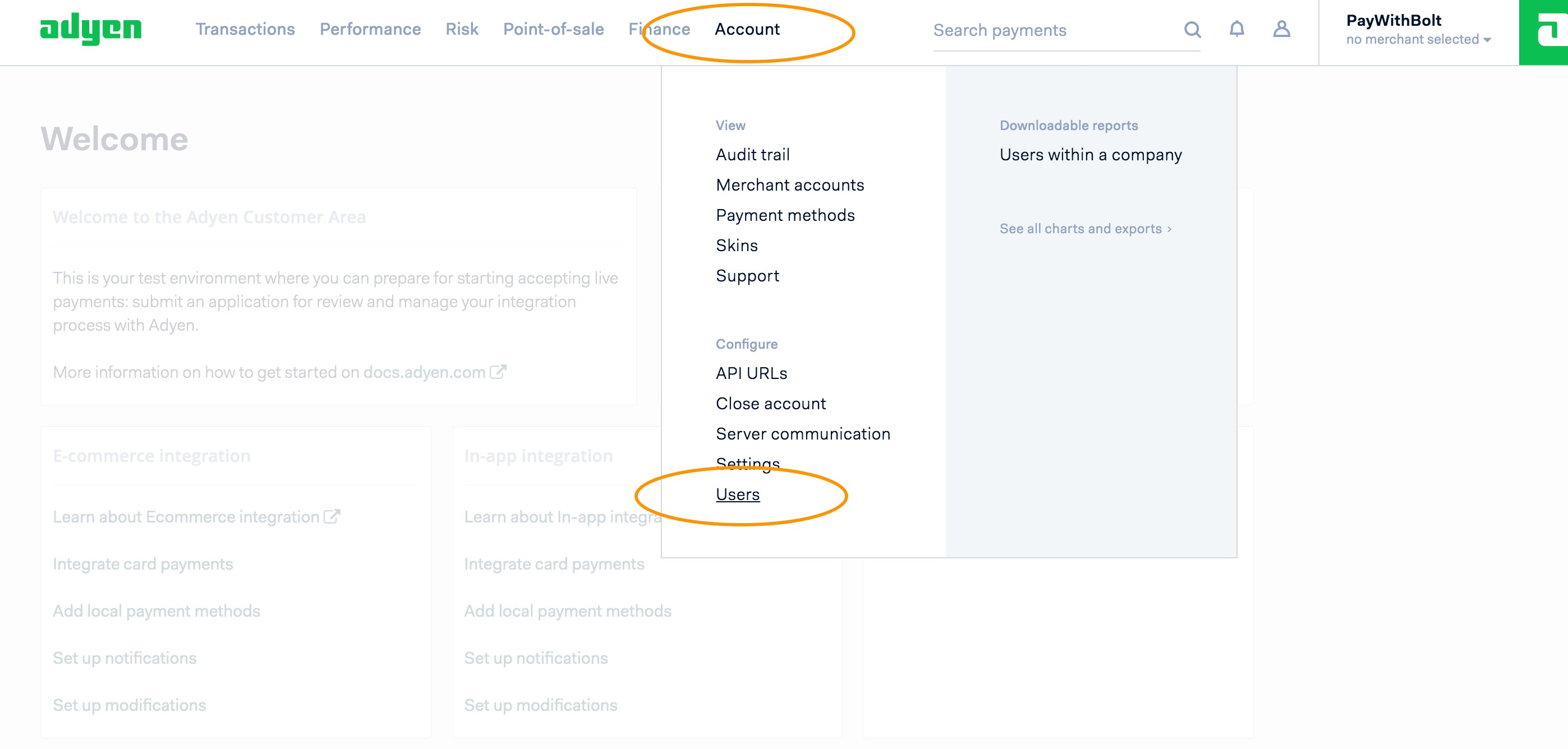 Adyen Customer Area - Account menu open, highlighting the Account tab and Users option