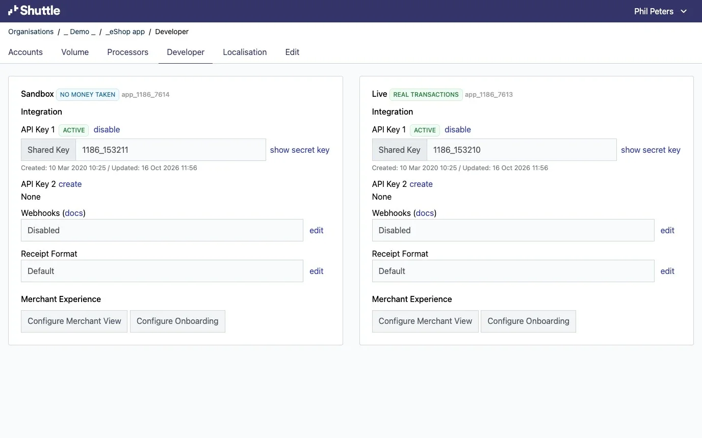 The Developer tab, with the API keys for Sandbox and Live