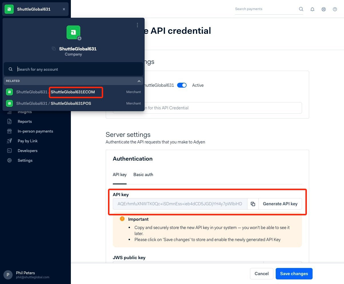 Edit API credential screen with the merchant account selected and the Generate API key button