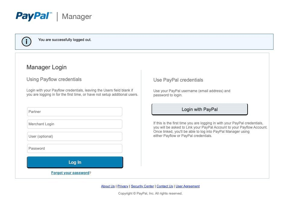 PayPal Manager login screen