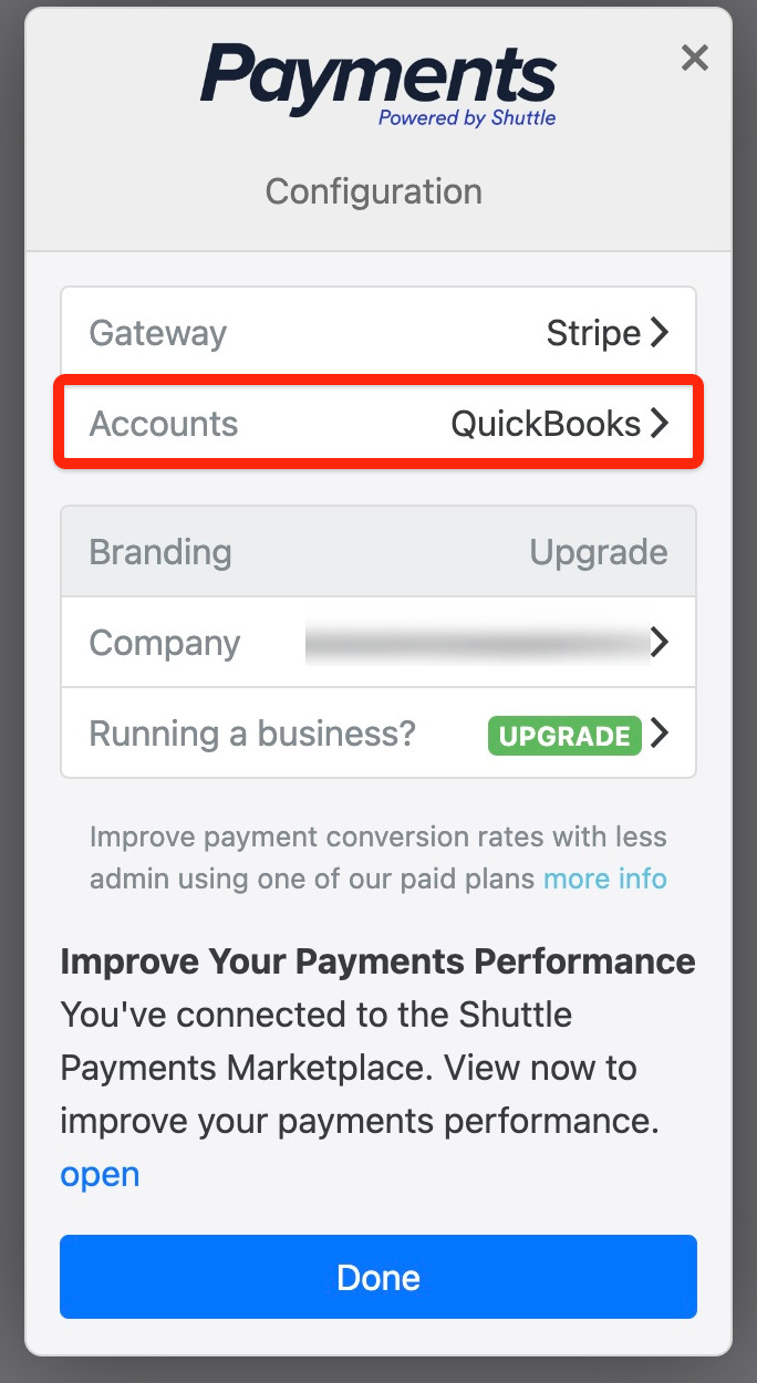 The configuration screen with Accounts set to QuickBooks