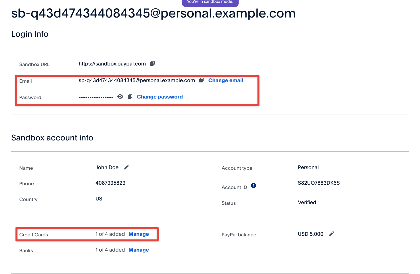 Test credentials