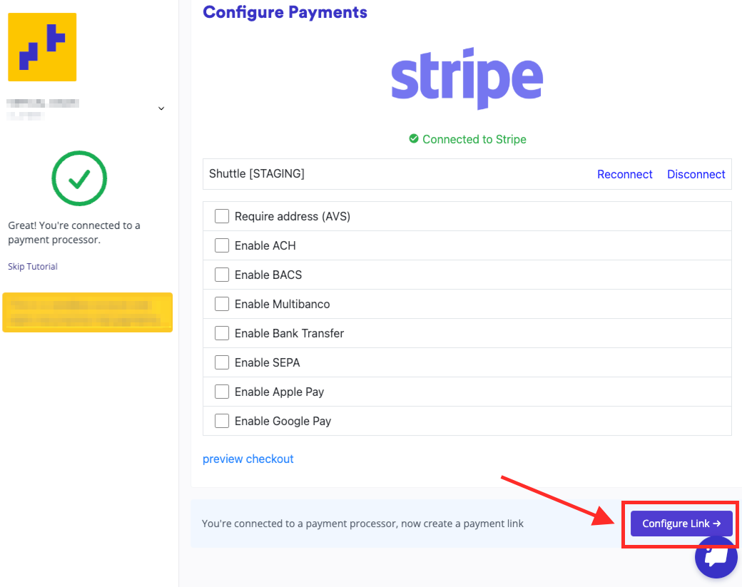 The Stripe screen showing Connected to Stripe and the payment options