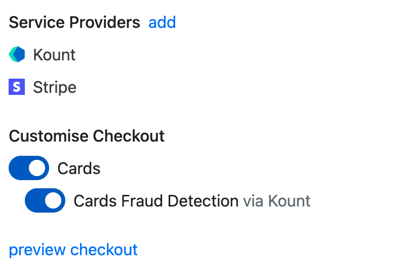 Service providers and checkout settings with Kount fraud detection enabled