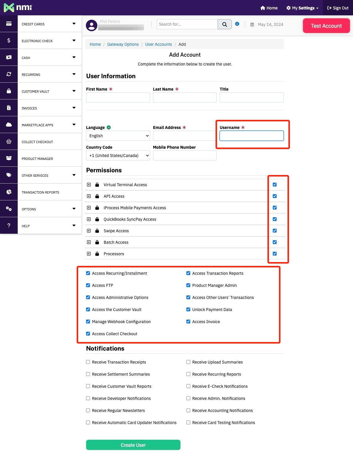NMI Add Account form showing user information and permissions