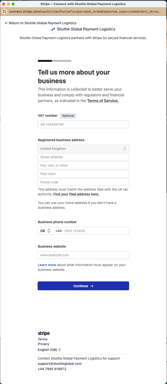 Stripe onboarding - Tell us more about your business