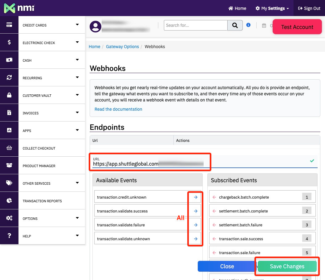 NMI Webhooks endpoint editor subscribing to all events