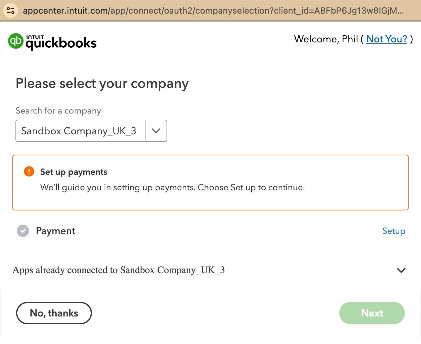 Company selected, payments not yet enabled