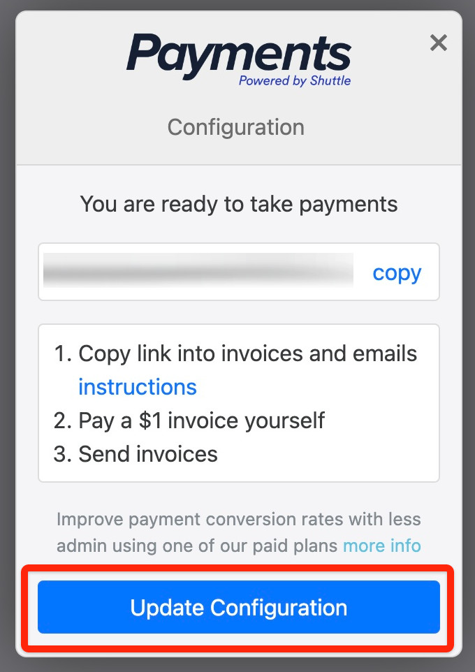 The Shuttle app’s configuration screen, with the configuration button