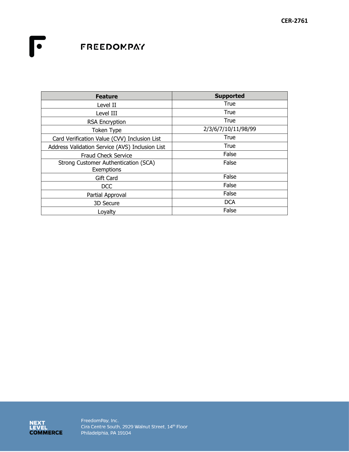 FreedomPay certified functionality table
