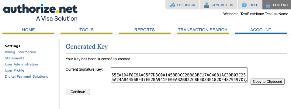 Authorize.Net generated signature key