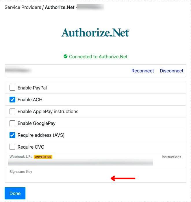 Signature Key field in the Authorize.Net panel