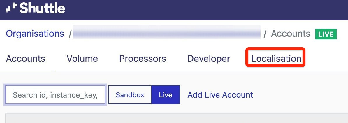 An application’s Accounts page, with the Localisation tab
