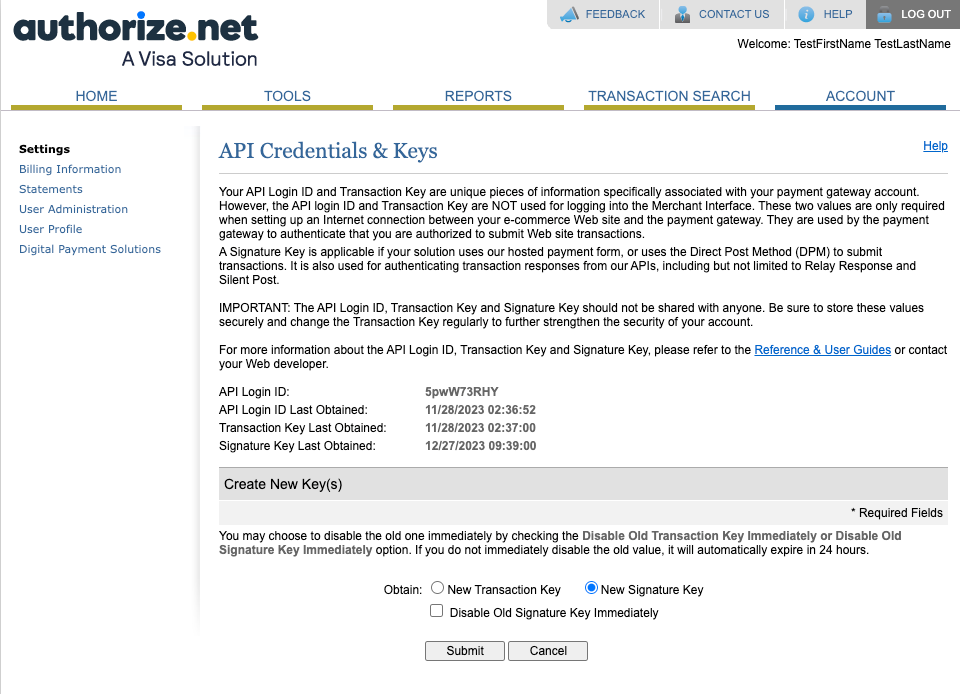 Authorize.Net API Credentials and Keys