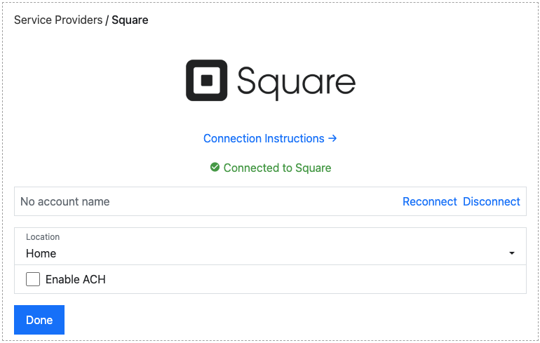 Connected to Square confirmation screen