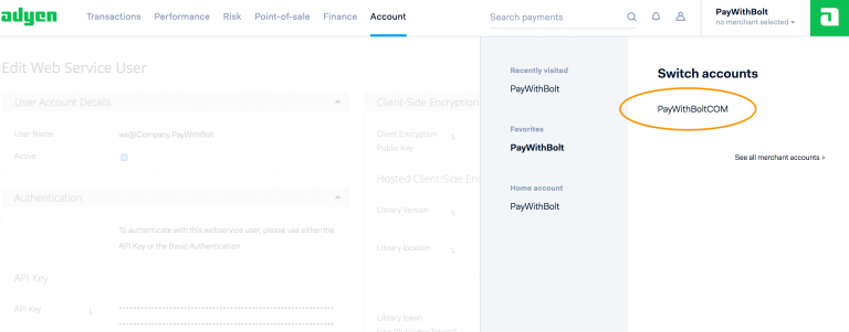 Switch accounts dropdown showing the merchant account selector