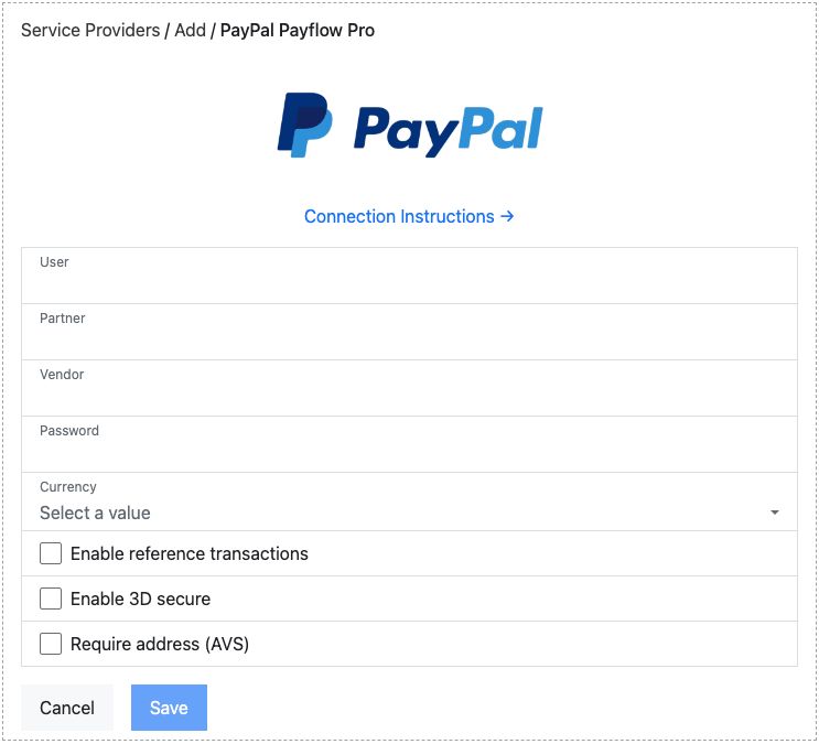 Add PayPal Payflow Pro service provider form