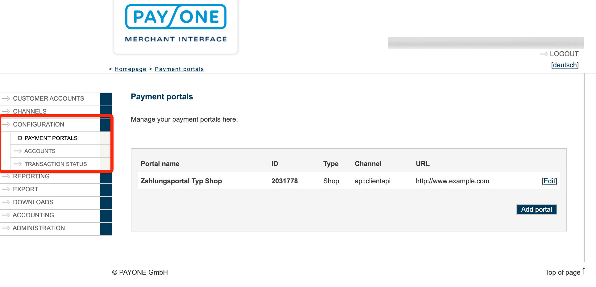BS Payone Merchant Interface showing Configuration > Payment Portals