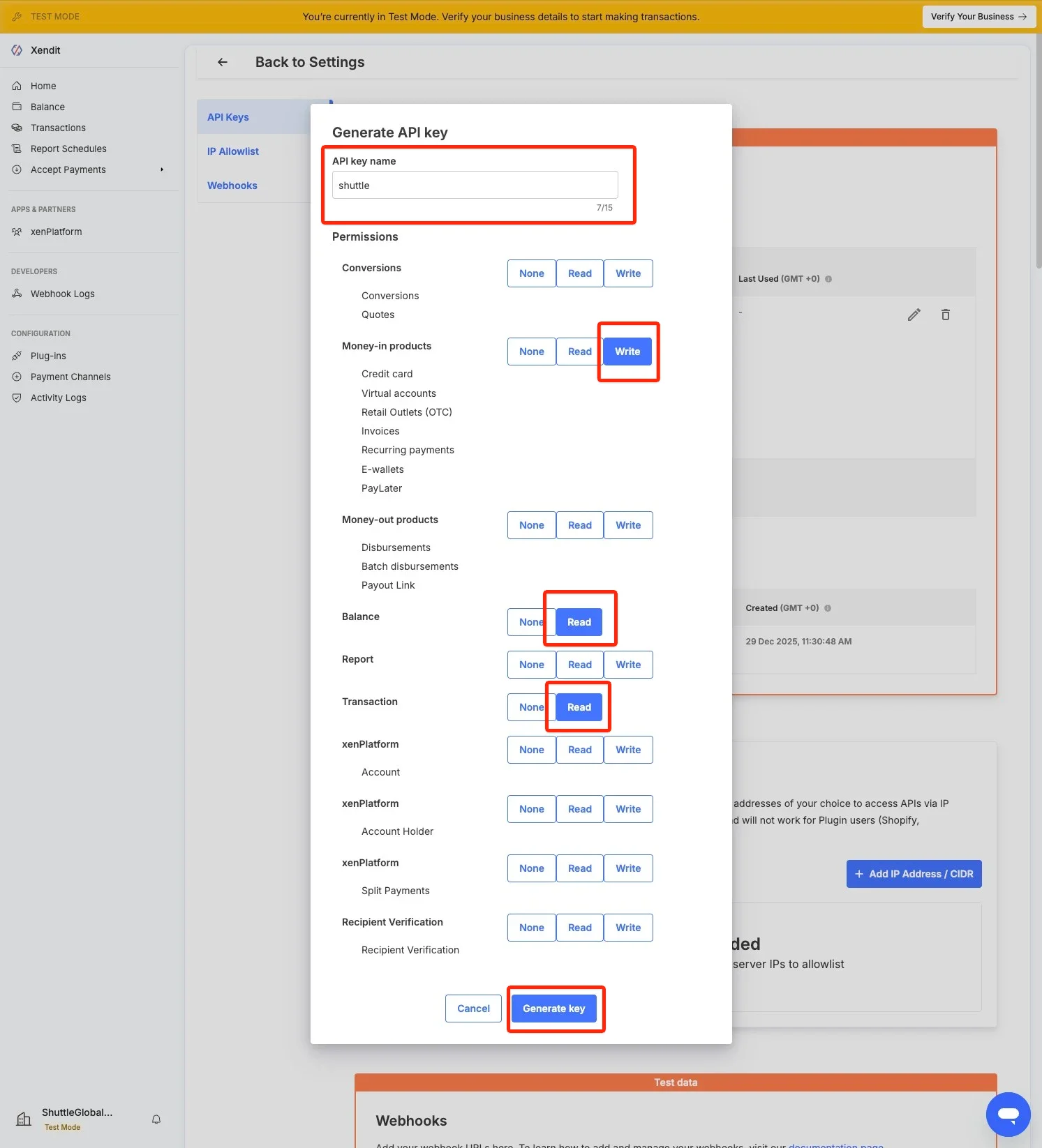 Generate API Key dialog with permissions set